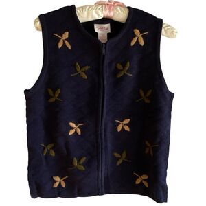 Crystal Kobe Sweater Vest Womens Petite M Leaf Embroiery Blue Grandmacore NWT